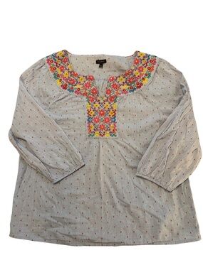 Talbots Light Blue Embroidered Peasant Tunic - Multicolor Floral Yoke
